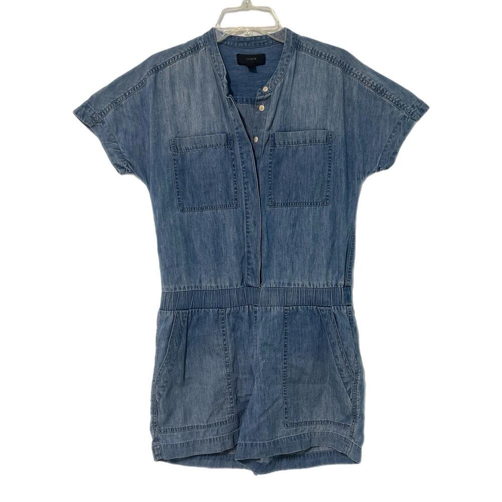 J.Crew Blue Chambray Romper Women 4 Utility Cotton Linen Blend Preppy Coastal